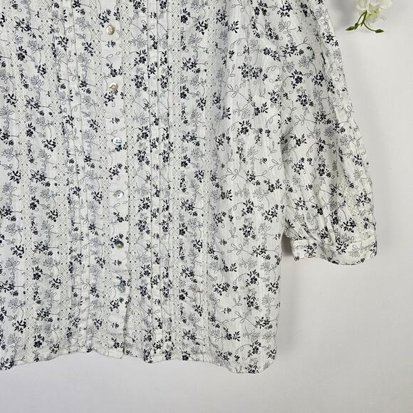 J.Jill Pintuck Blouse White Floral Cotton Top 3/4 Sleeve Boho Cottagecore SZ XL - Picture 6 of 11